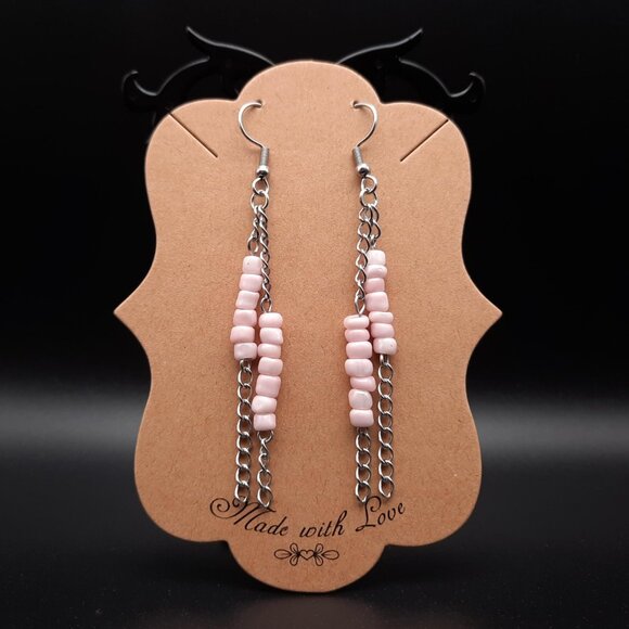 Hand Crafted Jewelry - Light Pink Boho Bohemian Beaded Chain Dangle Drop Earrings Handmade Jewelry